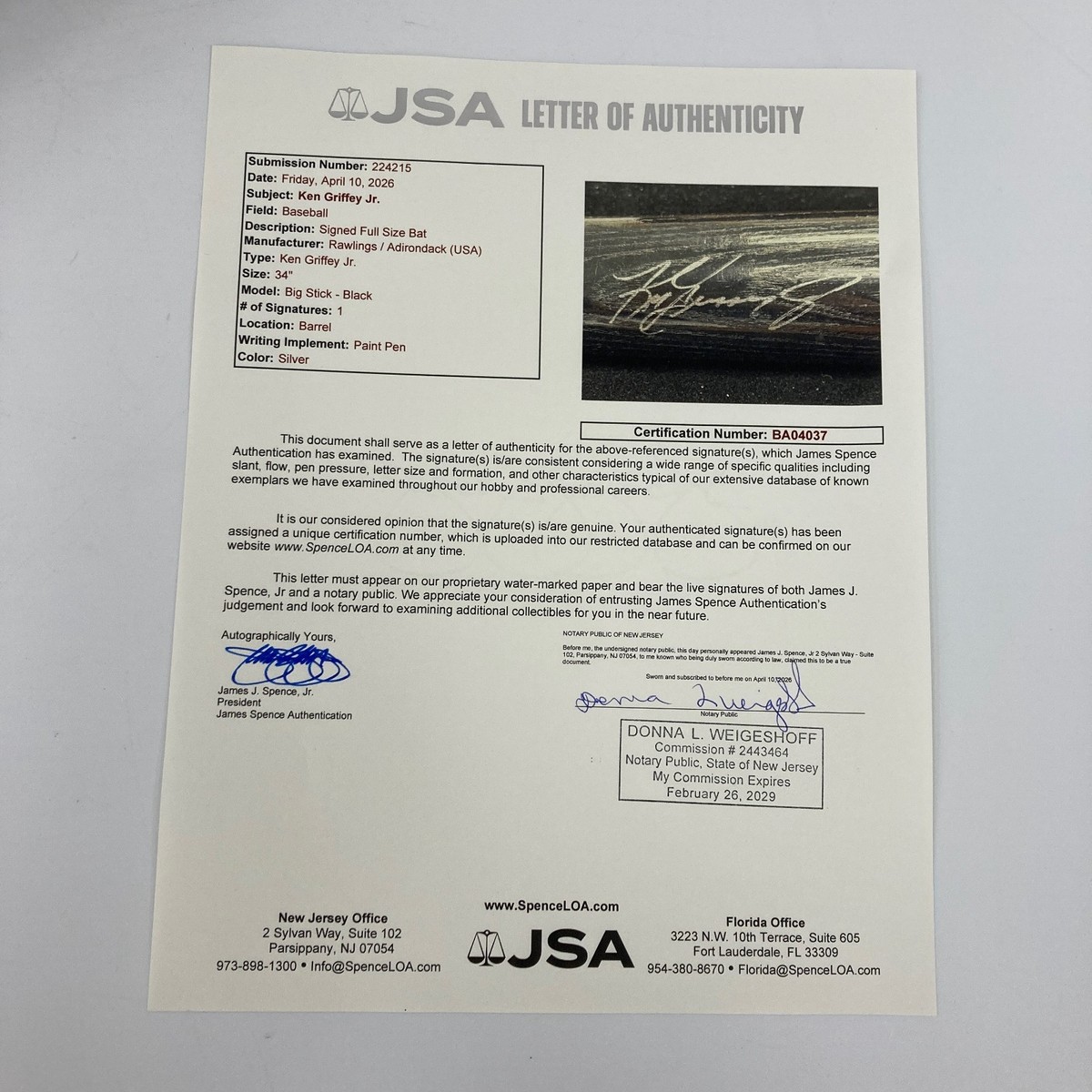 Ken Griffey Jr. Signed Rawlings Big Stick Baseball Bat JSA COA | eBay
