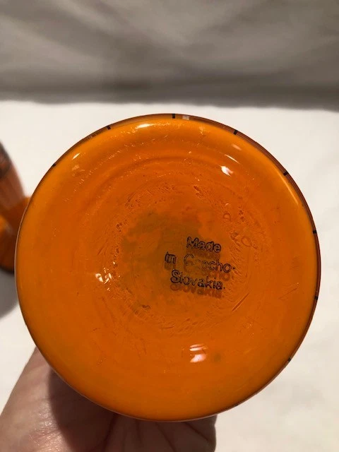 Art Deco Czechoslovakia Glass Candleholders set of 2 Orange Black 7 1/2" Vtg - image 3 of 4