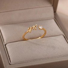 Gold Color Initial Letter Ring A-Z Adjustable Stainless Steel Wedding Jewelry