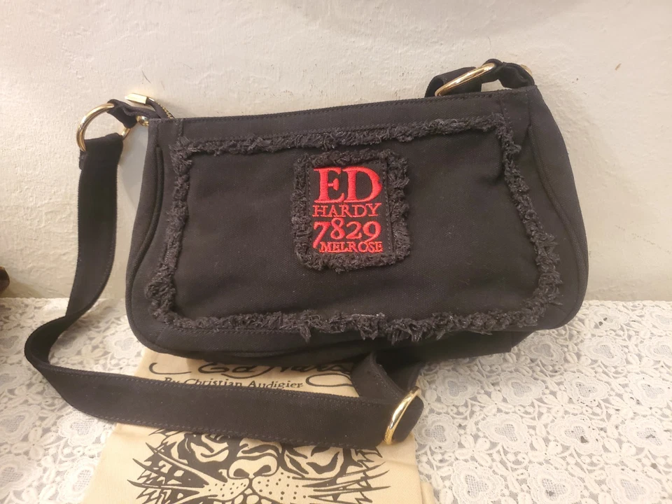 Винтажный y2k новый с Ярлыками ED HARDY черный 100% хлопок через плечо сумочка - Изображение 2 из 3