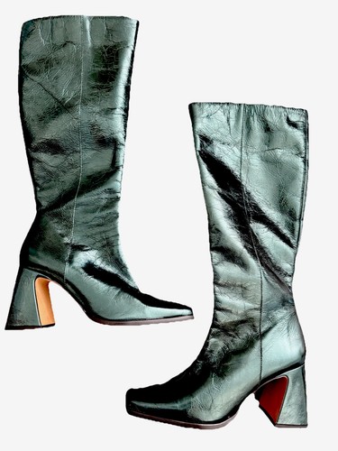 Ana Palma Knee High - High Gloss Leather Crinkle Boots Green Wide Calf EU 40