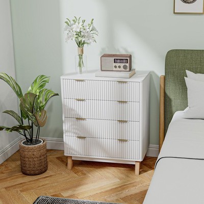 4 Drawer Double Dresser For Bedroom, Fluted Chest Of Drawers With Gold Finger
