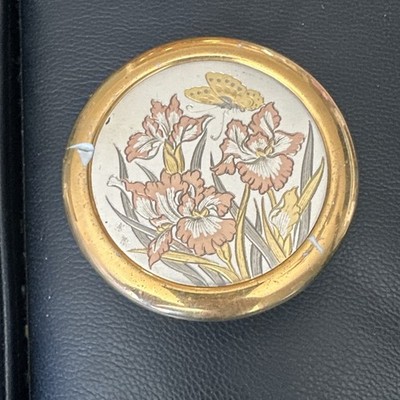 Vintage Art of Chokin Trinket Box Iris and Butterfly 3 3/4  Japan 24K Gold