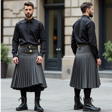 Men  s Grey Leather Kilt   Pleated Gothic Utility Kilt with Studded Waist  Belt