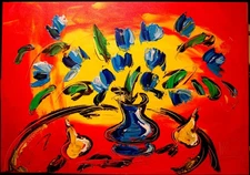 BLUE FLOWERS   ART  CANVAS PAINTING stretched fine art Y88TT5