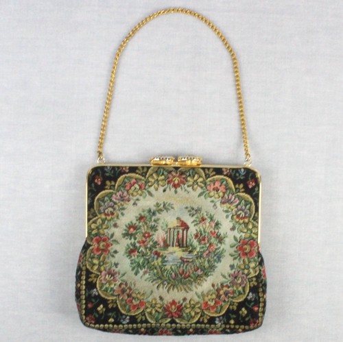 VTG French Pettipoint Tapestry Floral Clutch Purse Chain Porcelain clasp 6x6inch - Picture 2 of 13