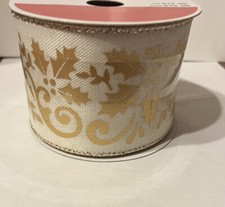 2 1/2  x 20 Ft wired Edge ribbon. Gold On Cream Off White. Christmas