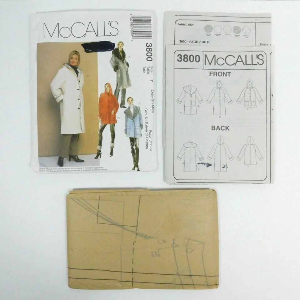 McCalls 3800 Misses Coats Sewing Pattern XS-Med Uncut Lined Cuffed Side Pockets - Image 2 of 4