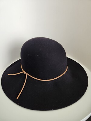 PHENIX Round Crown Fedora 100% Wool Hat Wide Brim Black OS Boho