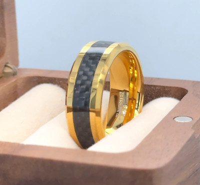 Black Carbon Fiber Inlay Wedding Ring, Men & Women Gold Tungsten Engagement Band
