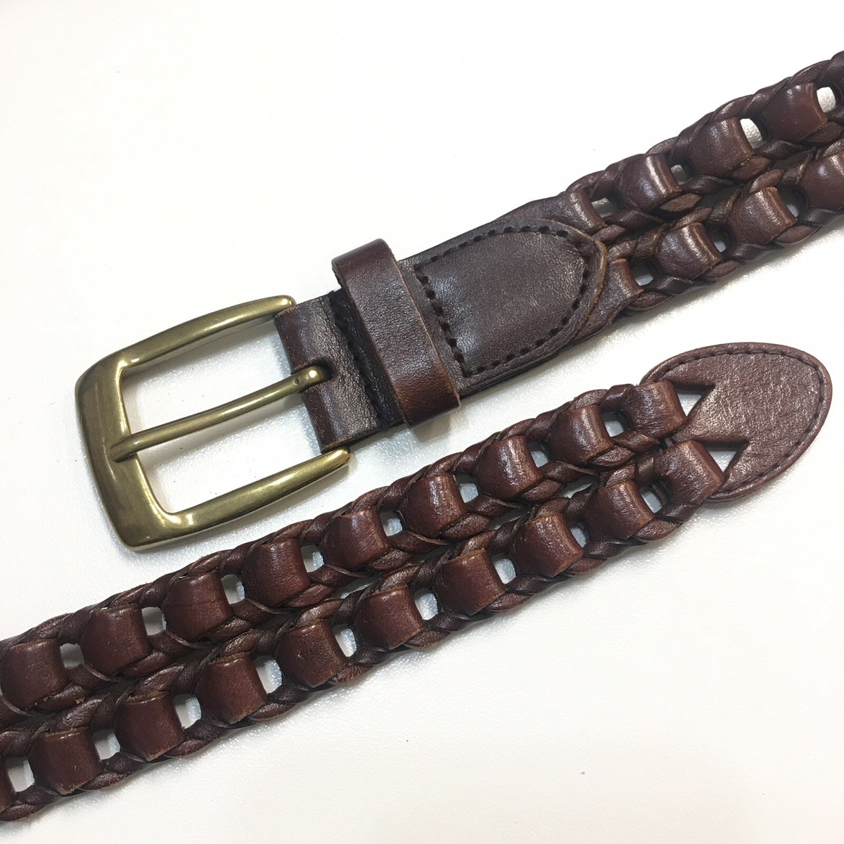 Western Braided Woven Brown Leather Belt Antiqued Brass Buckle Up to Size 31\