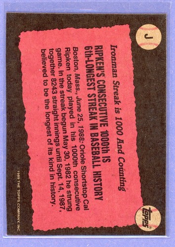 1989 TOPPS BASEBALL BOX BOTTOM #J CAL RIPKEN BALTIMORE ORIOLES - Picture 2 of 2