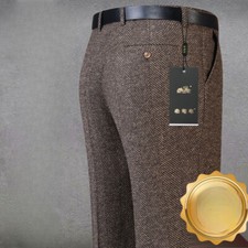 Mens Herringbone Tweed Pants Work Wool Cotton Straight Leg Trousers Slim Casual