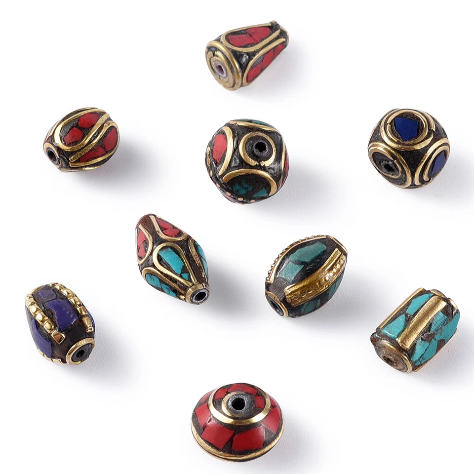 50pcs Assorted Handmade Tibetan Metal Beads Coral Turquoise Antique Gold 8~13mm - Image 4 of 4