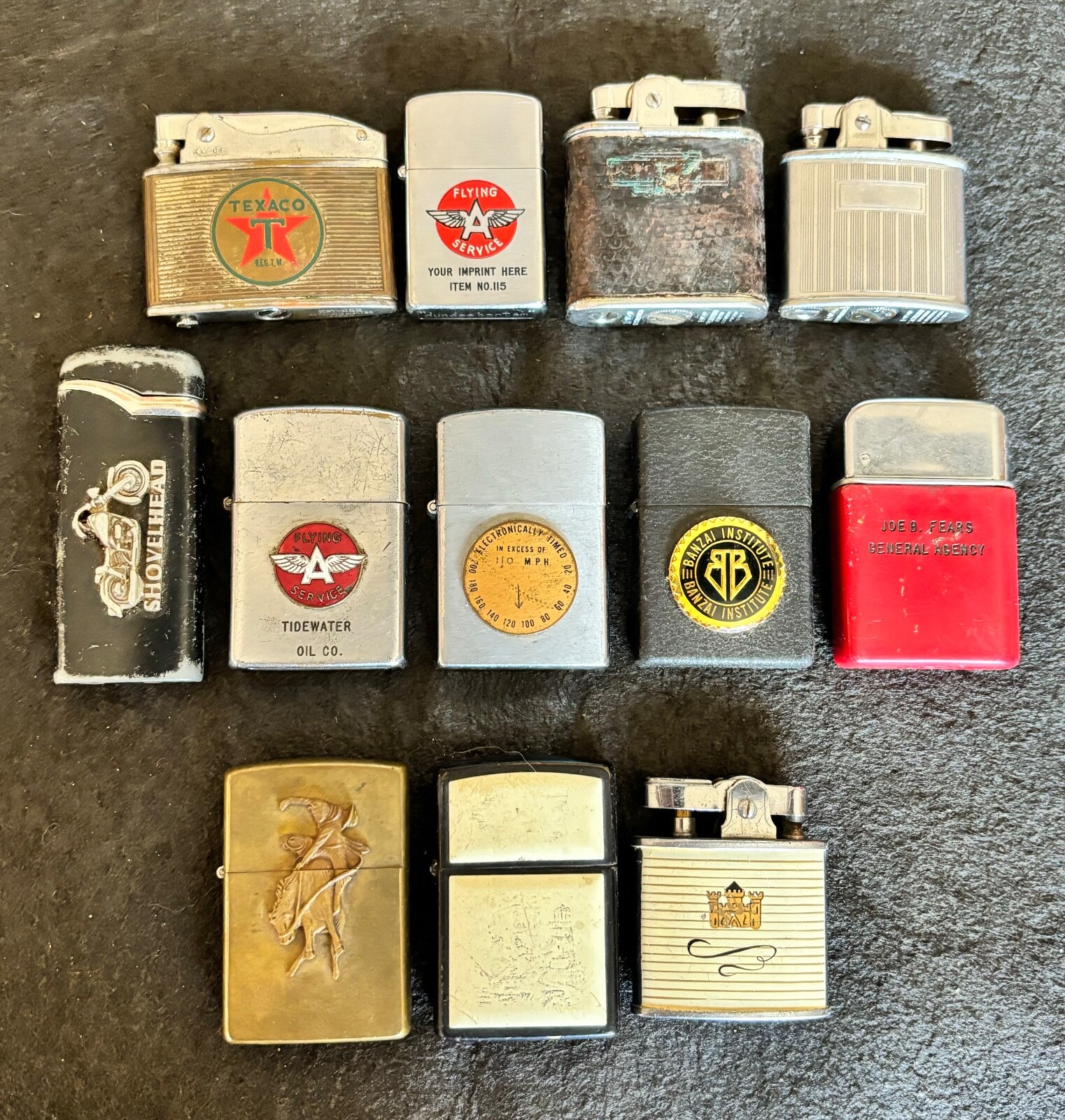 Vintage Lot of Various Zippo Ronson Lighters 12 Total Texaco Flying A