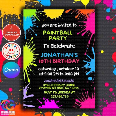 EDITIABLE Paintball Party Invite, Game on Invitation, Digital Teenager invite