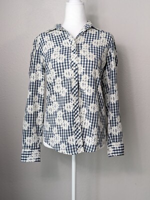 Koch Flowery Plaid Shirt Women Long sleeve size small Snap Buttons White Blue 11