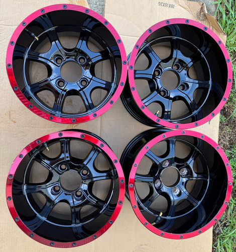 4 RETURNED GOLF CART 12"x7" RED/BLACK ALUMINUM WHEELS /RIMS (12-16)