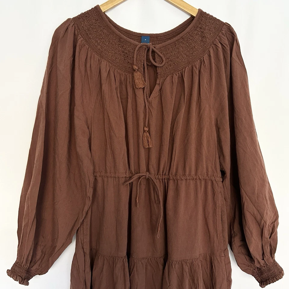 Old Navy Tiered Prairie Peasant Midi Dress Womens M Boho Cottage Chocolate Brown - Image 2 of 4