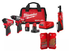 8pc Milwaukee M12 FUEL 12V Impact Hammer Drill Kit + 3/8 Ratchet, Batteries,Bits