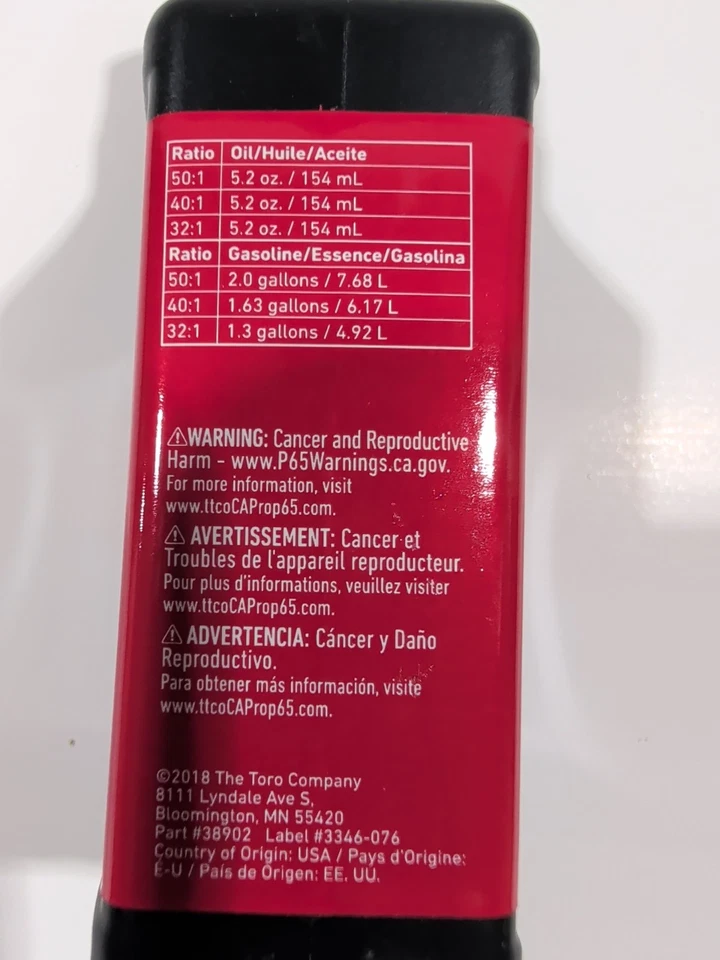 Lot of 3 - Toro 2-Cycle Oil w/Stabilizer 5.2 oz #38902 - Image 3 of 4