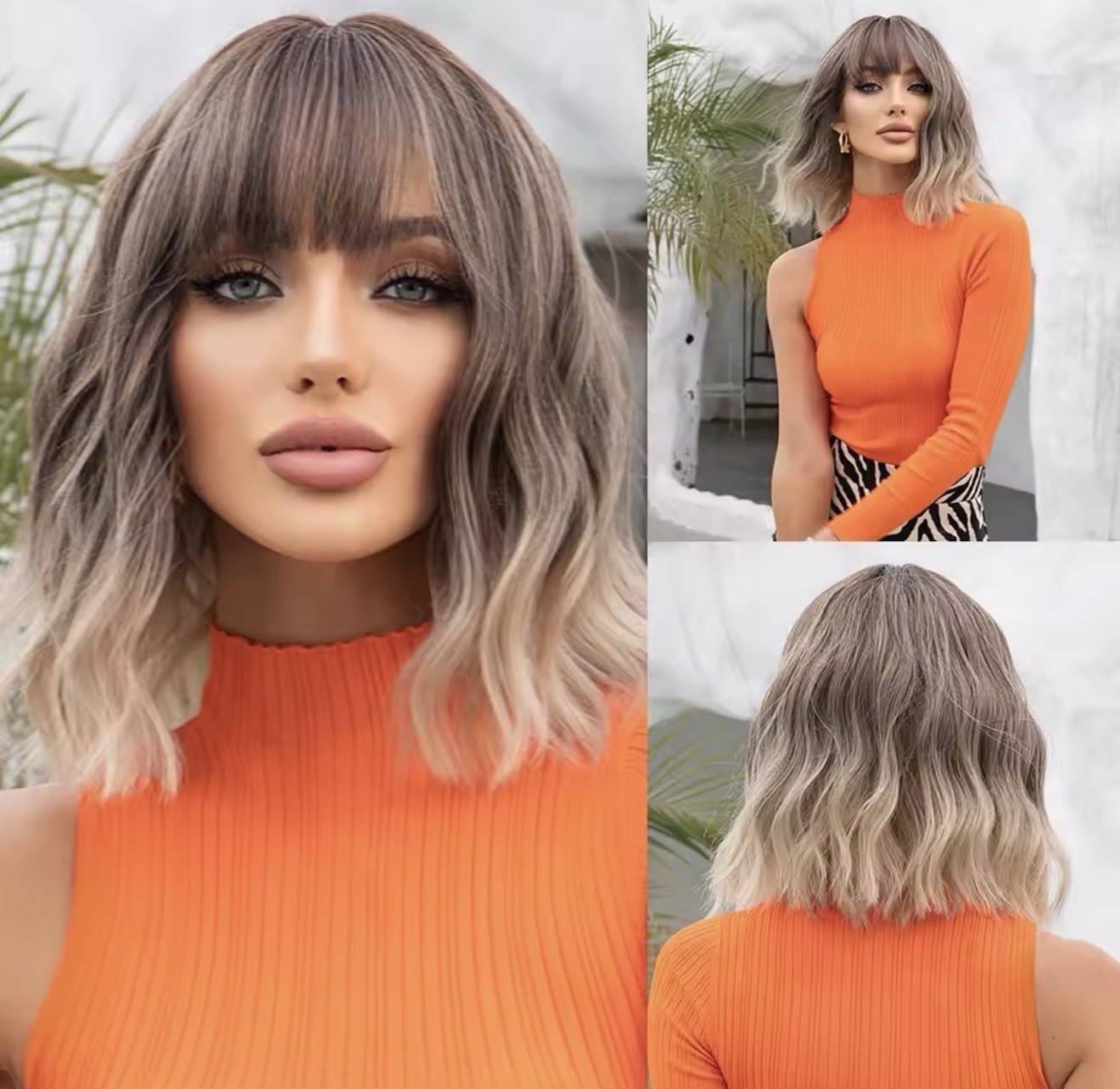 Perruque blonde foncée frange et boucles 35cm pour masquer la perte de cheveux