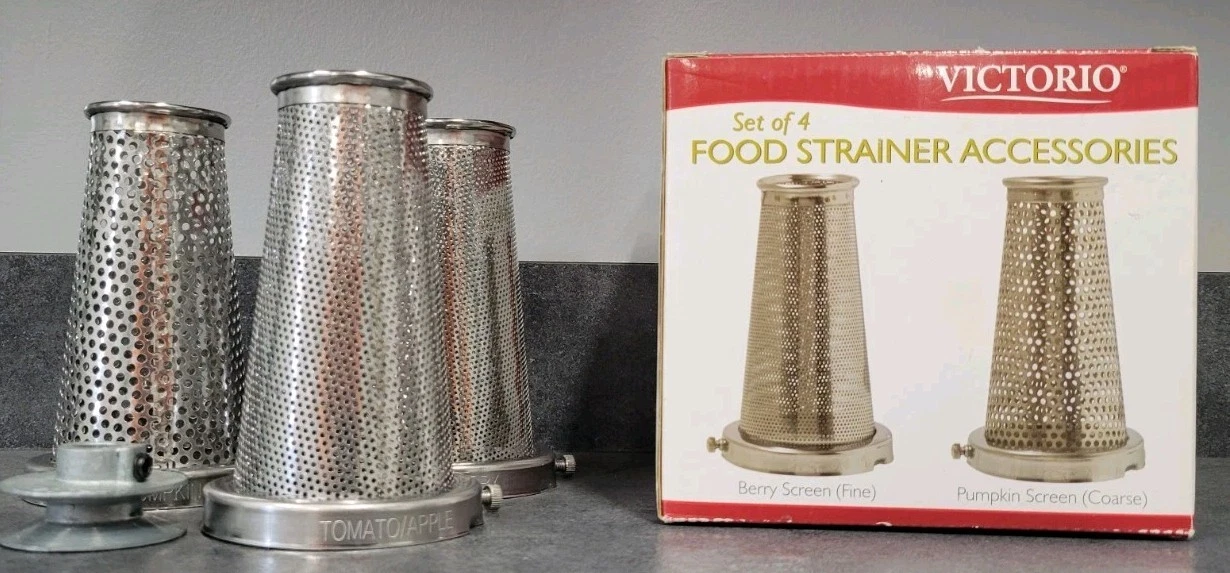 Set of 3 Victorio Food Strainer Accessories Berry, Apple/Tomato, Pumpkin +Pulley