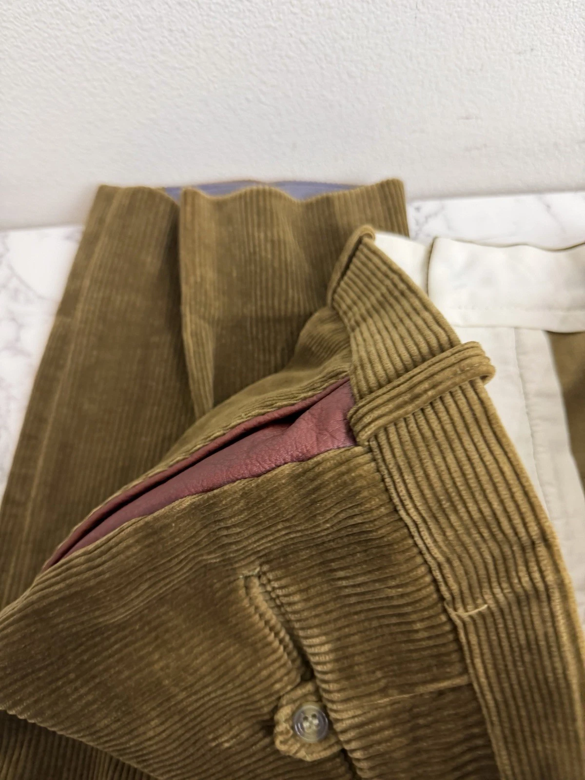 Vintage Orvis Mens Green Cotton Corduroy Flat Front  Leather Trim Pants 38 X 31 image 9