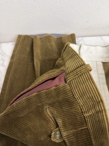 Vintage Orvis Mens Green Cotton Corduroy Flat Front  Leather Trim Pants 38 X 31 image 9