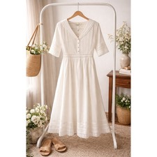Simple Retro Fiona Midi Dress Wms LWhite Cotton Lace Pintuck Cottagecore Modest