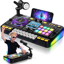 DJ Mixer for Kids, Toddler DJ Mixing Table with DJ Turntable, Game Mode, Light