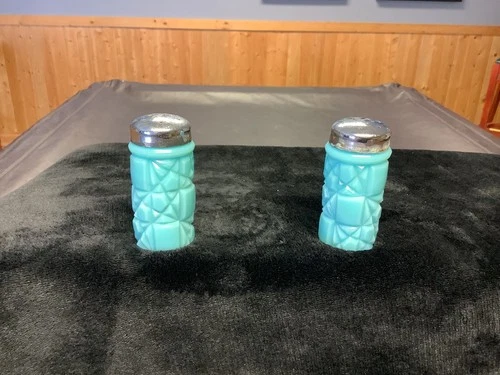 Vintage Fenton Turquoise Blue Milk Glass Block and Star Salt and Pepper Shakers