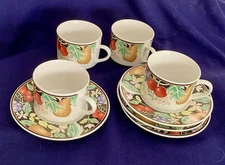 Set of 4 Lynns COCKTAIL China Flat Coffee Cup & Saucer Fruit Flowers Black Multi