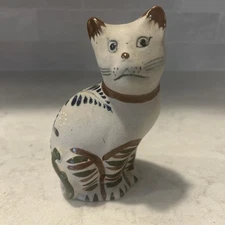 Vintage Tonala Mexican Pottery Cat Figurine Signed Blue Floral 5”