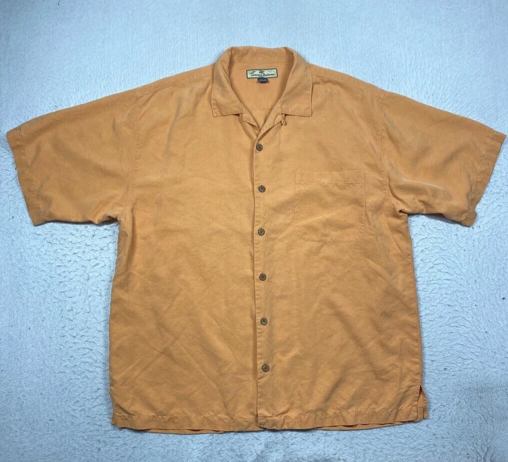 Tommy Bahama Hawaiian Shirt Mens Large Orange Jacquard Button Up Short Sleeve