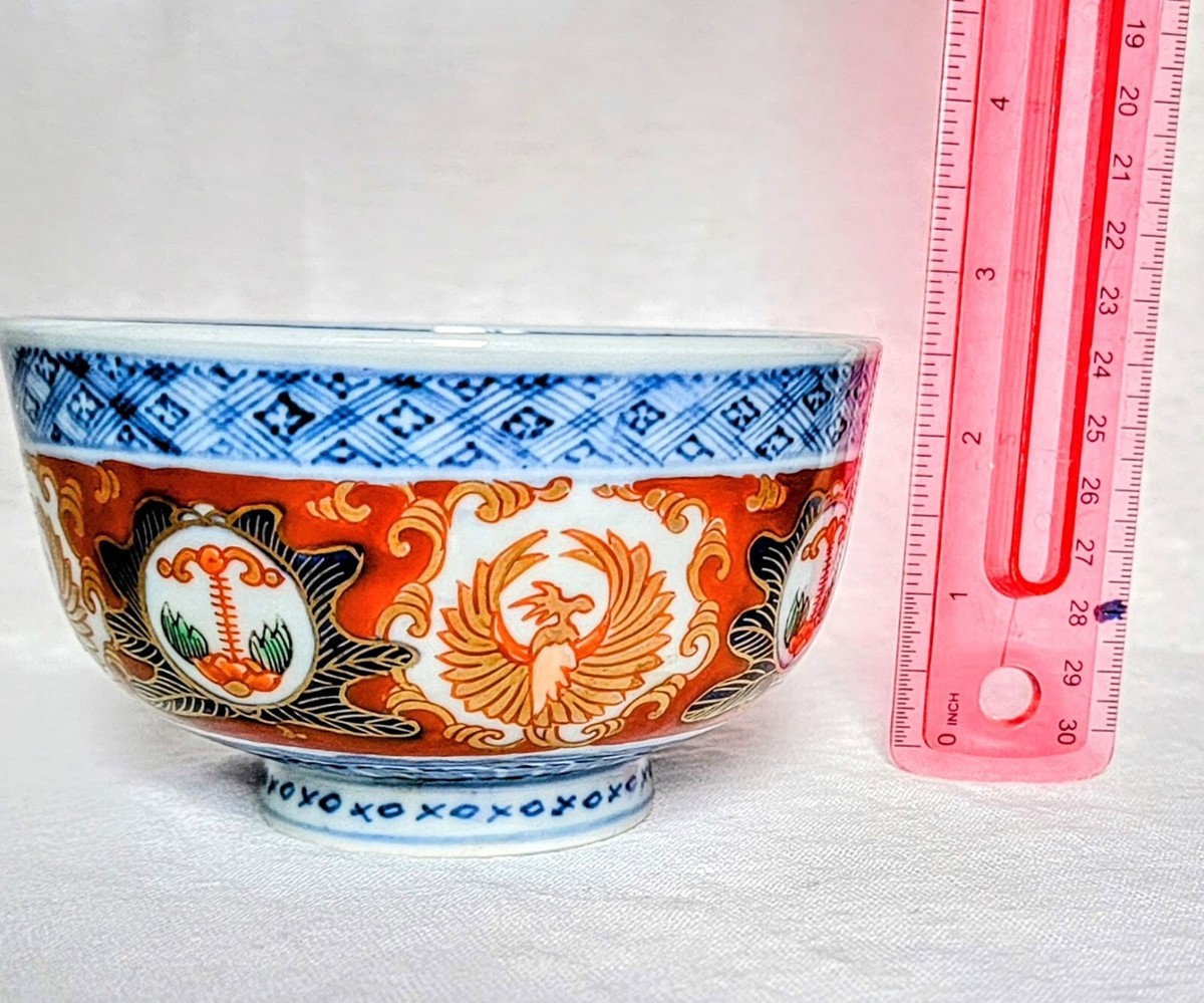 19th cent. Japanese Imari Red, Blue Gold Floral Phoenix Rice Bowls
