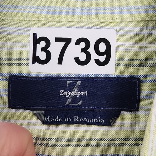 Zegna Shirt Mens Medium Green Blue Striped Linen Blend Sport Long Sleeve Classic - 第 7/12 張圖片