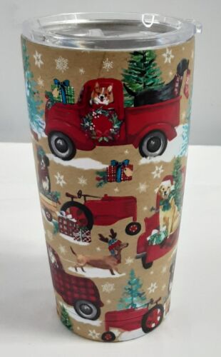 New, 20oz Tan CLEMENTINE Thermal Christmas Travel Tumbler Dogs in Trucks