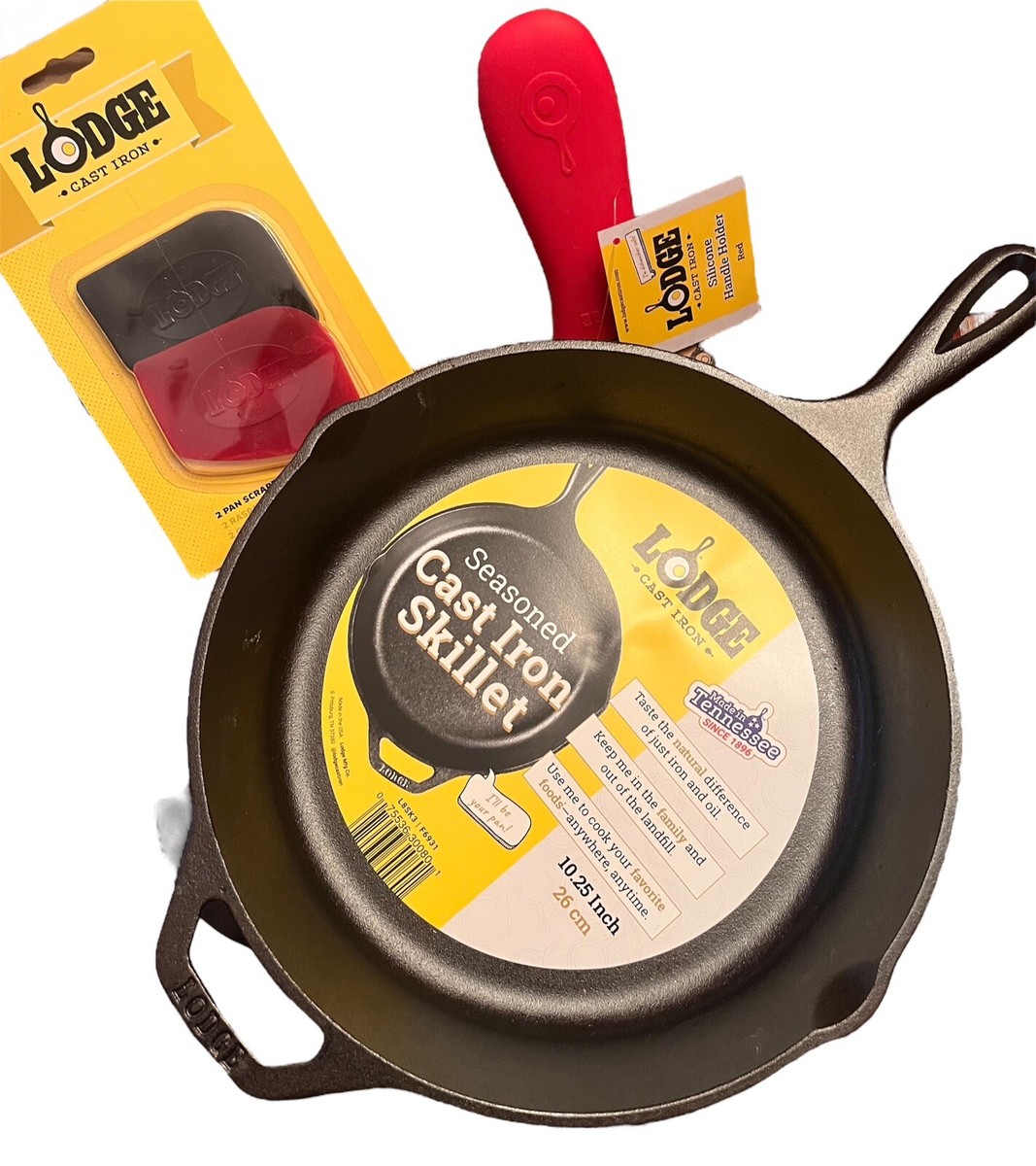 NEW PreSeasoned LODGE Cast Iron Skillet Frying Pan Scrapers Handle  Set