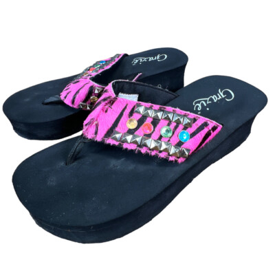 GRAZIE Vintage Y2K Platform Embellished Pink Faux Fur Flip Flop
