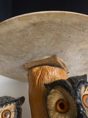 Vintage Mid Century 1970's Chalkware 2 Owls on Tree Branch Side