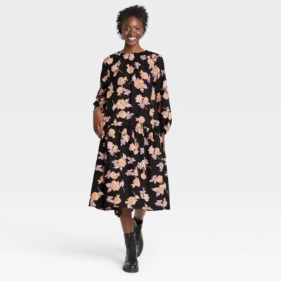Women's Balloon Long Sleeve Shift Dress - Who What Wear Black Floral Xs
