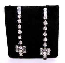 Vintage Rhinestone Earrings Silver Metal Long Hanging Drop Dangle Pierced
