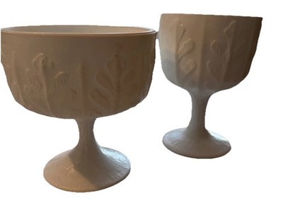 Lot 2 Vintage FTD Milk Glass Planters 1975, 78 Leaf Pedestal Bowls