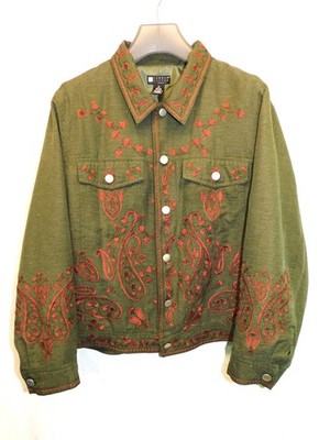 Vintage Carole Little 1X Olive Green Red Silk Jacket Embroidered