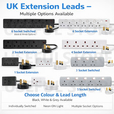 UK Extension Lead Cable Electric Mains Power 1 2 3 4 5 6 Gang Way Plug Socket