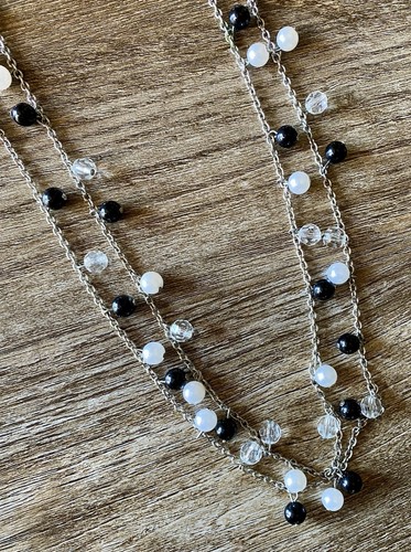 Silver Necklace Women’s Beaded Black Pearl Clear 53” Workwear or Costume Jewelry