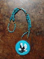 Handmade VTG Native American Beaded/Leather Eagle Medallion Turquoise...