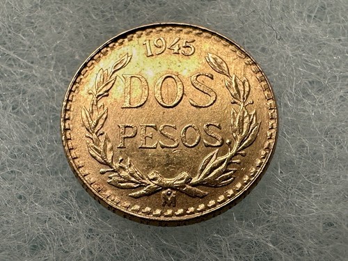 1945-Mo 2 Peso Mexico Dos Pesos Uncirculated Gold Coin High Grade - Picture 1 of 2