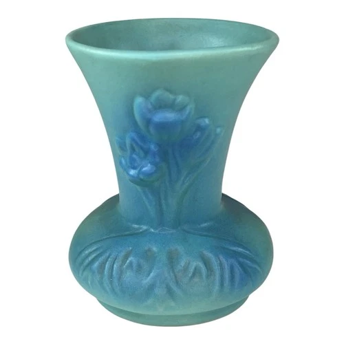 Vintage Van Briggle Pottery Flower Vase Crocus Squatty Blue Green Ombré 5 Inch